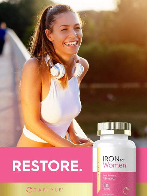 Carlyle Iron Pills for Women - 45mg, 200 Slow Release Tablets, Vegetarian, Non-GMO, Gluten Free