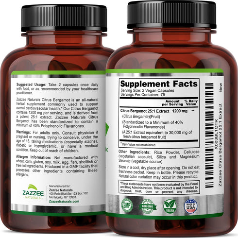 Zazzee Extra Strength Citrus Bergamot 25:1 Extract, 1200 mg, 40% Polyphenolic Flavanones, 150 Vegan Capsules, 30,000 mg