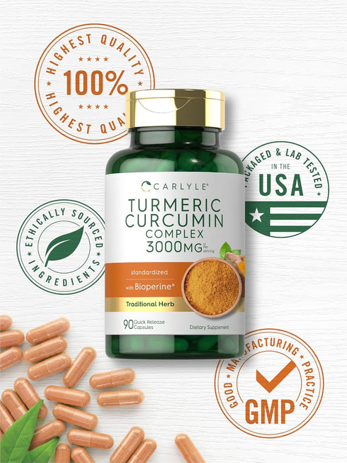Carlyle Turmeric Curcumin with Black Pepper 3000mg | 90 Powder Capsules | Non-GMO, Gluten Free Complex