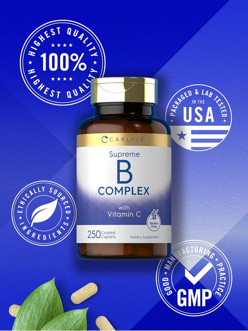 Carlyle Vitamin B Complex Plus Vitamin C, 250 Caplets - Vegetarian, Non-GMO and Gluten Free Supplement