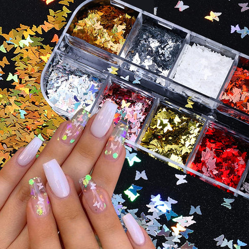 12 Colors Butterfly Nail Art Stickers, Butterflies Nail Glitter Sequins, 3D Art Accessories for Acrylic Nails