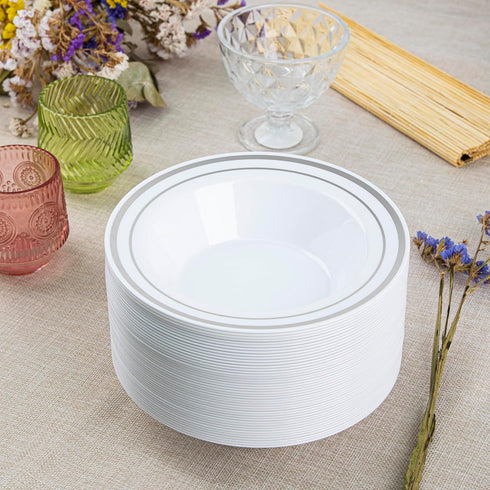 SETUP 12 oz. Disposable Plastic Soup Bowls, 50 Piece with Silver Rim - Heavy-Duty for Party, Wedding, and Occasions
