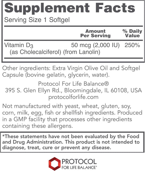 Protocol Vitamin D3 2,000 IU - Bone & Teeth Support* - Dietary Supplement for Immunity & Bone Mineralization* - Non-GMO, Halal, Keto-Friendly - 120 Softgels