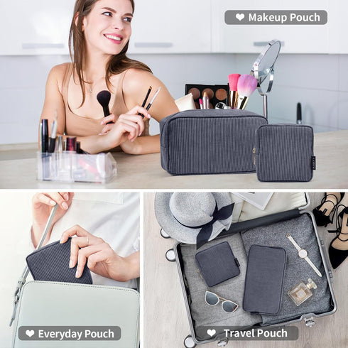 MAGEFY 2 Pcs Corduroy Makeup Bag Set, Mini Big Travel Pouch with Slip-in Pockets, Eco-Friendly, Black