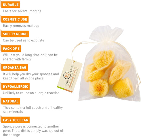 Natural Yellow Sea Silk Sponges, Pack of 5 in Organza Bag, Great for Cosmetic Use