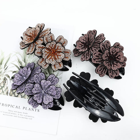 inSowni 4 Pack Luxury Fancy Gems - Korean Decorative Glitter Crystals Double Flower Hair Claws for Women Girls