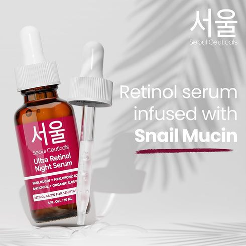 SeoulCeuticals 1% Korean Retinol Night Serum for Face - 97.5% Snail Mucin + Hyaluronic Acid + Bakuchiol, Cruelty Free K Beauty for Sensitive Skin 1oz