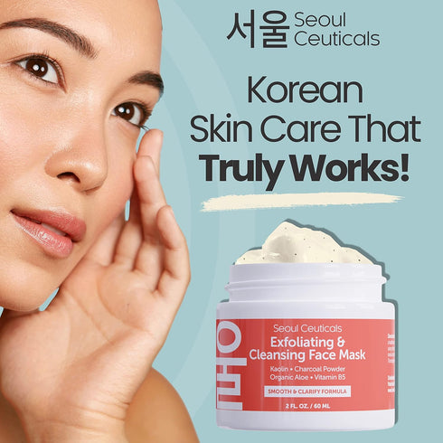 SeoulCeuticals Korean Face Scrub, 2oz, Exfoliating Face Mask for Glass Skin - Kaolin Clay + Charcoal Cream Exfoliant