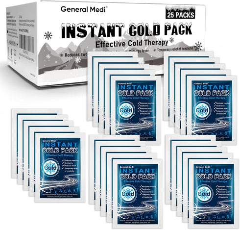General Medi Instant Ice Cold Pack, 25 Packs Disposable Cold Therapy Ice Packs for Pain Relief, Swelling, Inflammation