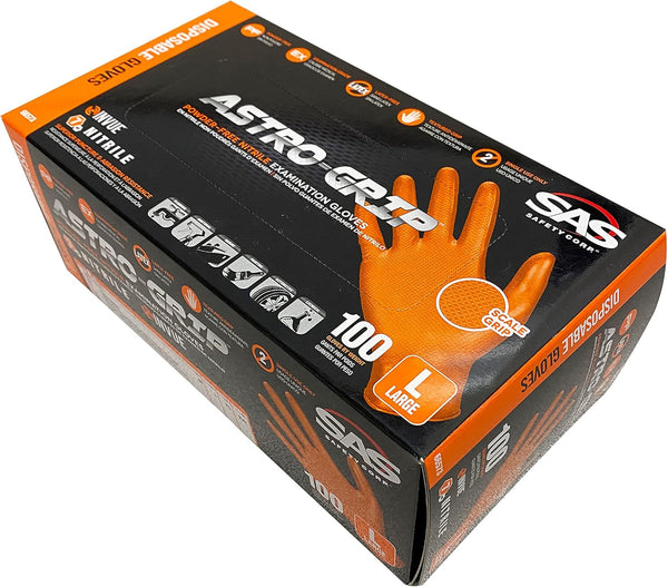 SAS Safety 66573 Astro Grip Powder-Free Nitrile Disposable Gloves, Large, Pack of 100, Orange