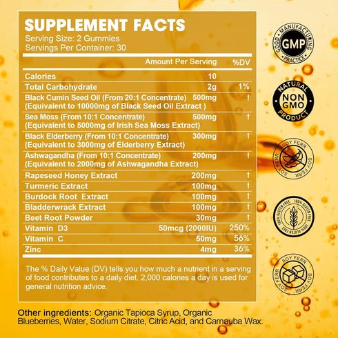 Black Seed Oil & Sea Moss Gummies, Organic Irish Sea Moss with Black Seed Oil, Immune Support, Joints, Digestion