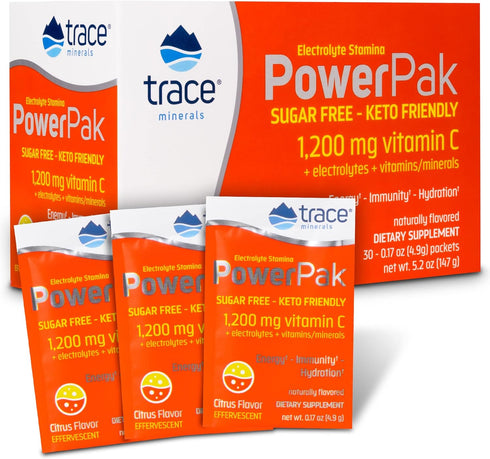 Trace Minerals Power Pak Sugar Free Electrolyte Powder Packets | 1200 mg Vitamin C, Zinc, Magnesium | 30 Packets,