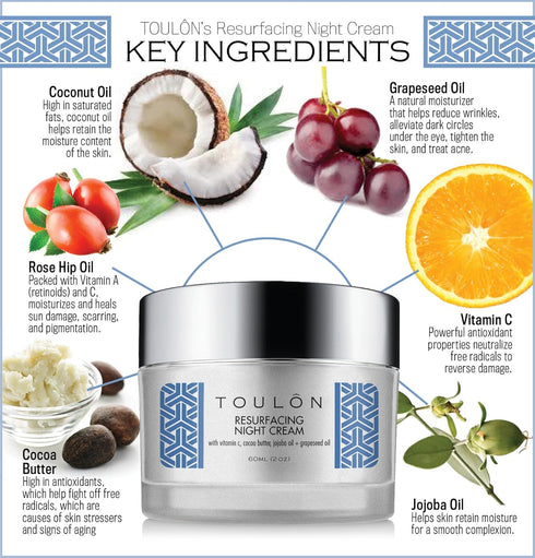 TOULON Night Face Cream for Women - Natural Moisturizer for Dry Skin with Vitamin C, Cocoa Butter & Grapeseed Oil