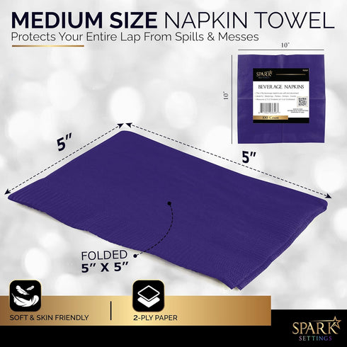 100 Pack Purple Beverage Napkins, 2 Ply Big Party Pack for Wedding, Birthday, Dinner, Lunch, Cocktails