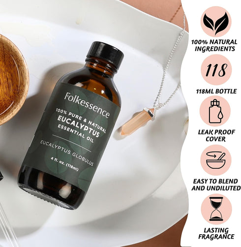 Folkulture Eucalyptus Essential Oil 4 Fl Oz - 100% Pure, Natural and Undiluted with Glass Dropper