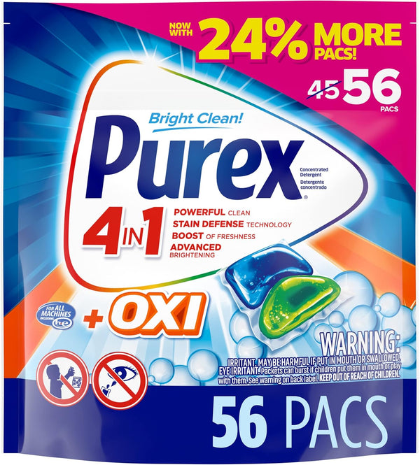 Purex 4-in-1 + OXI Laundry Detergent Pacs, Fresh Morning Burst, 56 Count