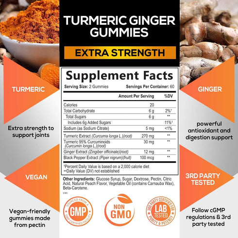 Turmeric Curcumin & Ginger Gummies 95% Curcuminoids with Black Pepper Extract for Max Absorption Joint Support, Nature's Tumeric Herbal Extract Supplement, Vegan Gummy Capsules, Non-GMO - 120 Gummies