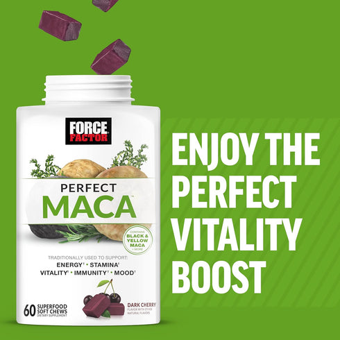FORCE FACTOR Perfect Maca Supplement with Saffron, Maca Root, and DIM - Dark Cherry Flavor, 60 Soft Chews