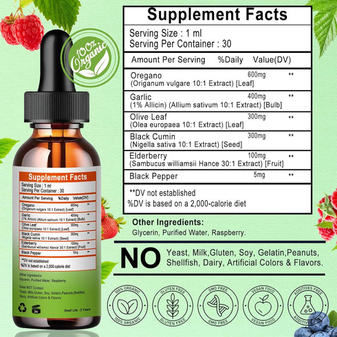 Vita letuo Immune,Digestive Organic Oil of Oregano with Black Seed Oil, Oregano Oil Liquid Drops w/Garlic Olive Leaf