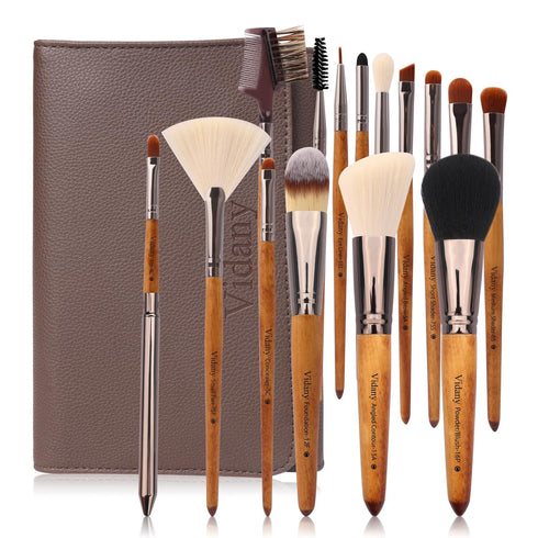 Makeup Brush Set: 15pcs Professional Makeup Brushes with Leather Button Bag - Foundation, Concealer, Kabuki, Blush,