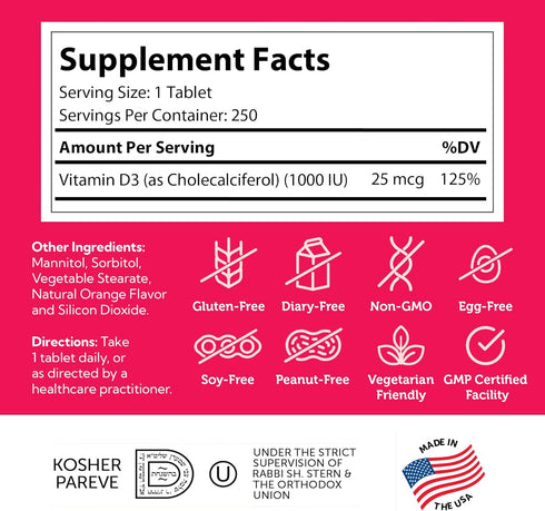 Zahler Junior D3 Vitamins 1000 IU - Chewable Vitamin D3 for Kids, 250 Count, Orange Flavor