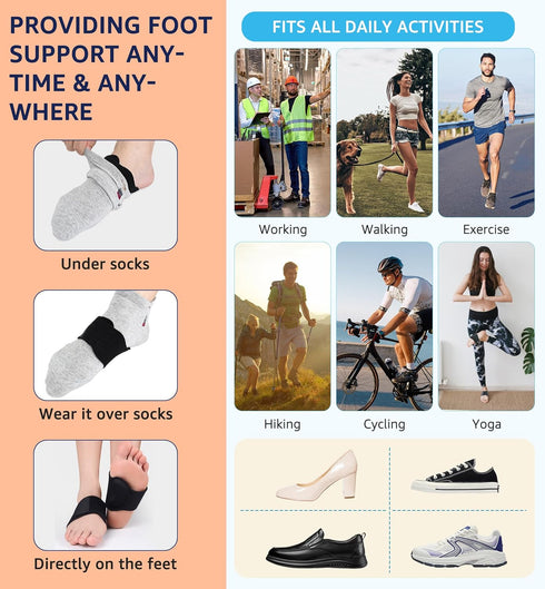HiRui Arch Support Braces (Pair) - Adjustable Wraps with Gel Pads for Plantar Fasciitis Relief (Black)