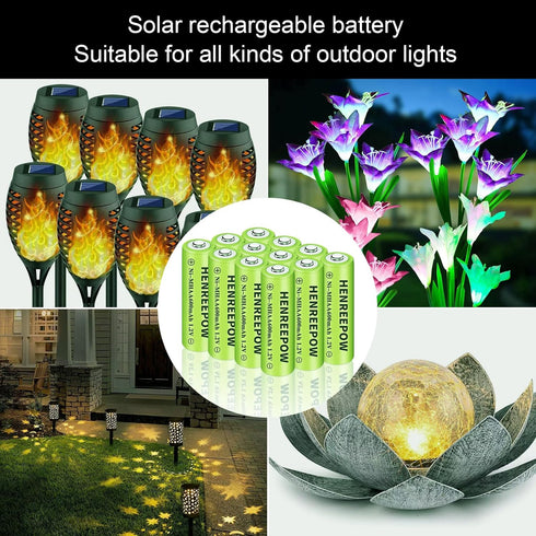 Henreepow Ni-MH AA Rechargeable Batteries, Double A High Capacity 1.2V Pre-Charged for Garden Landscaping Outdoor Solar