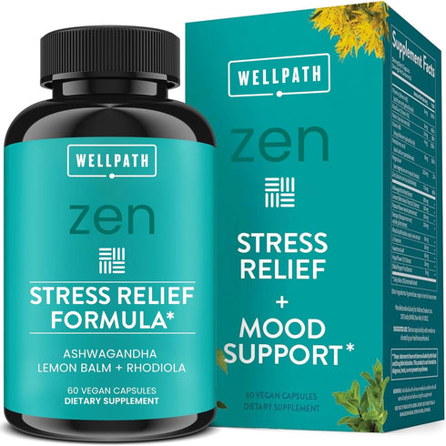 WellPath Zen Stress Relief Supplement + Mood Support, Ashwagandha Root, Rhodiola Rosea, L-Theanine, 60 Herbal Capsules