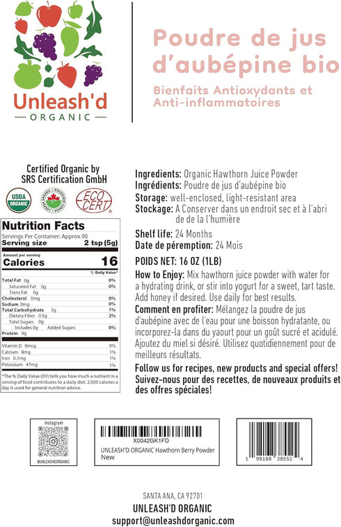 UNLEASH'D ORGANIC 16 oz 100% Organic Hawthorn Juice Powder Pure Natural Superfood, Rich in Flavonoids & Plant Nutrients
