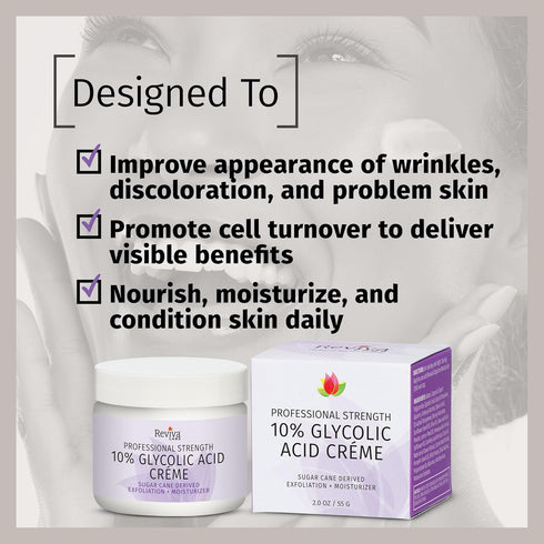 Reviva Labs 10% Glycolic Acid Creme Daily Moisturizer - Natural Sugar Cane Derived Alpha Hydroxy Acid Face Cream