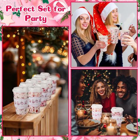 Jingmore 120 Sets 16oz Disposable Paper Coffee Cups with Lids Sleeves Straws Holiday Paper Drinking Cups Bulk for Hot