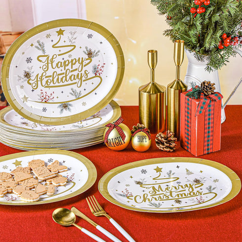 Suttmin 50 10'' 12'' Pcs Merry Christmas Oval Paper Plates Happy Holiday Disposable Paper Plates x Dinner Gold