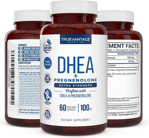 DHEA 100mg Supplement with Pregnenolone 60mg - Supports Hormone Balance, Energy, Mood, Healthy Aging