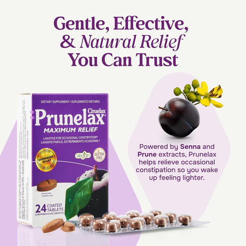 Prunelax Ciruelax Maximum Relief Laxative Tablets, Natural Senna for Occasional Constipation, Vegan & Gluten-Free, 24ct