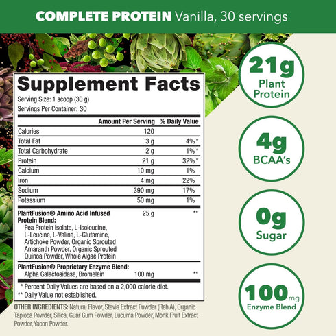 PlantFusion Complete Vegan Protein Powder - Vanilla Bean 2 lb - Plant Based with BCAAs and Digestive Enzymes