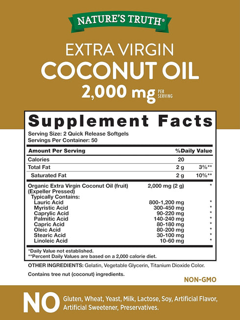 Nature's Truth Coconut Oil Capsules | 100 Softgels | Naturally Occuring MCTs | Non-GMO & Gluten Free