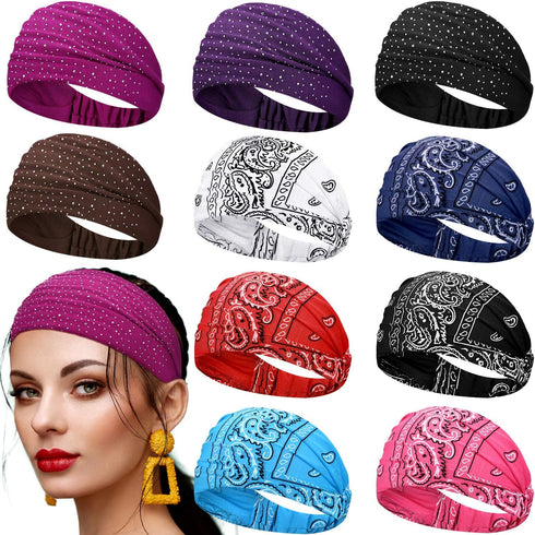 WILLBOND 10 Pcs Non Slip Wide Bandana Headbands for Women, Elastic Boho Bling Rhinestone Hair Accessories for Sports