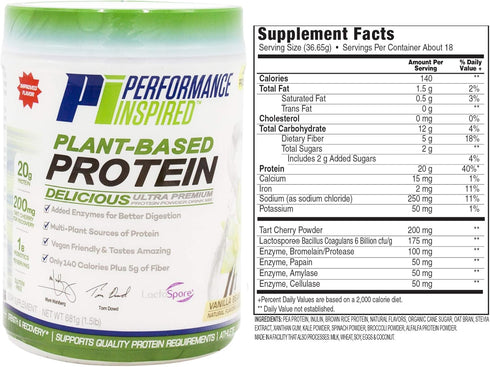 Performance Inspired Nutrition Plant-Based Protein Powder - Vanilla Bean, 20G, 1.5 Lb, G Free