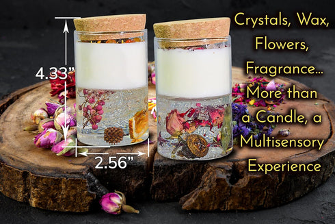 Set, Crystal Candle Gift Organic Natural Flowers in Yelly, Aromatherapy, Healing Gemstones, Botanical Scented
