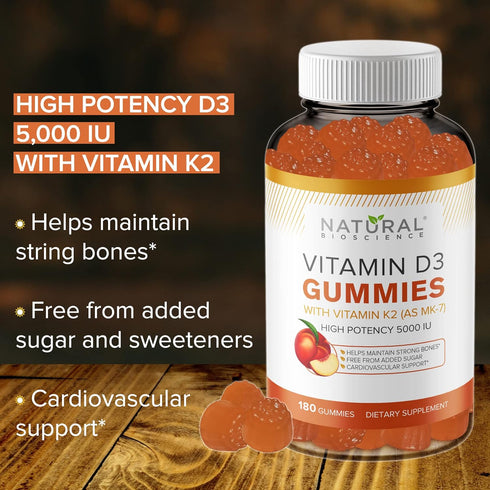 Sugar Free Vitamin D3 K2 Gummies - 5000 IU D3 + 80 mcg K2 MK7 - Natural Peach Flavor - Adults Supplement