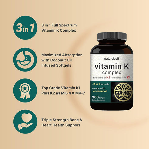 NatureBell Vitamin K Complex - 300 Coconut Oil Softgels, K1 + K2 (MK-7 & MK-4) for Heart & Bone Support, Non-GMO