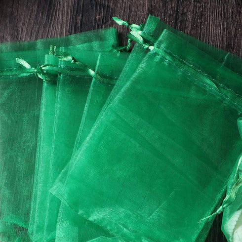 100 Count Organza Drawstring Gift Bags - 5x7 Inch Sheer Fabric Mesh Green Pouch for Jewelry, Party Favors, Wedding