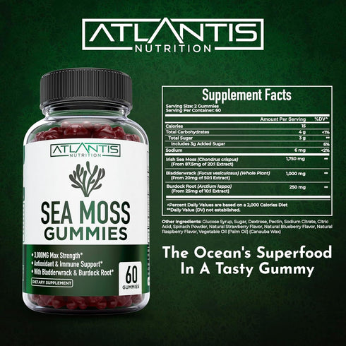 Irish Sea Moss Gummies 3000MG - 60 Gummies with Irish Sea Moss, Bladderwrack & Burdock Root for Essential Vitamins