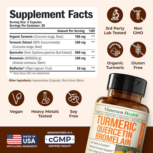Immune 60 500mg Quercetin with Bromelain Turmeric Curcumin Supplement Allergy Relief, & Joint Support Organic Turmeric