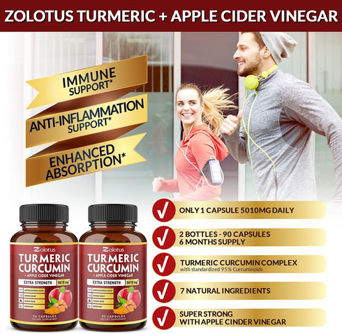 2 Packs Turmeric Curcumin + Apple Cider Vinegar Capsules, 90 Capsules Each, 6 Month Supply with Ashwagandha & Ginger
