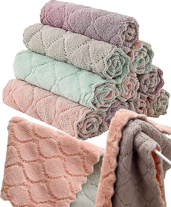 12 Pack Quick Dry Kitchen Towels, Coral Velvet Dishtowels, Soft Absorbent Cleaning Cloths, Double-Sided Microfiber Rags.