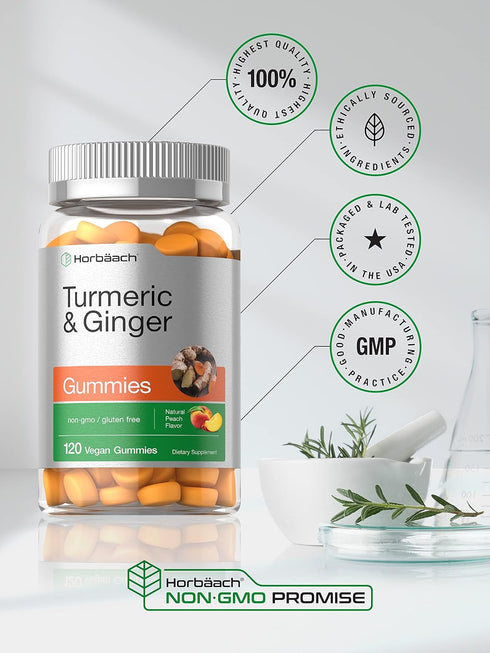 Horbaach Turmeric and Ginger Gummies, 120 Count, Vegan Non-GMO & Gluten Free, Peach Flavor