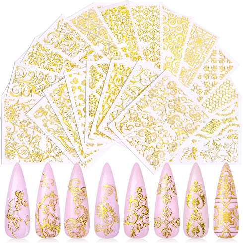 KISSBUTY Metallic Flowers & Vine Nail Decals, 20 Sheets 3D Flower Lace Adhesive Stickers, Gold Floral Nail Decor