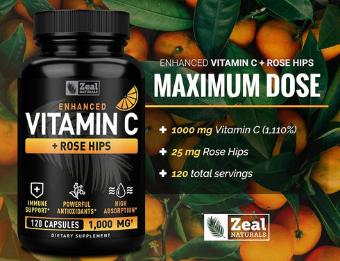 Vitamin C 1000mg with Rosehips, 120 Capsules - High Dose for Immune Support