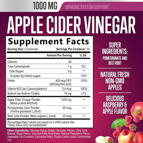 Vegan Apple Cider Vinegar Gummies 1000mg for Detox & Cleanse, ACV Gummy Vitamins B12 Supplement for Digestion Metabolism & Gut Health Support, Natural Apple Raspberry Flavor, Non-GMO - 60 Count